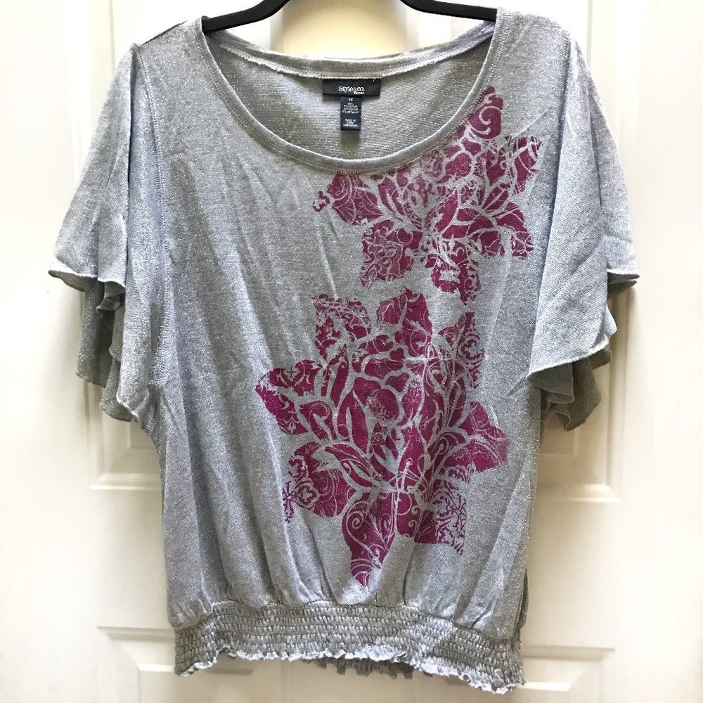 Style & Co metallic silver and pink floral top 1X